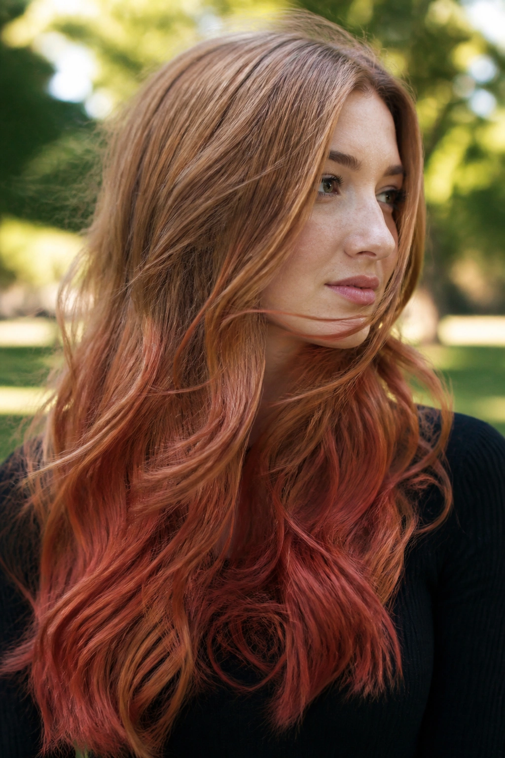 Close-up of sandy brown to terracotta ombre hair