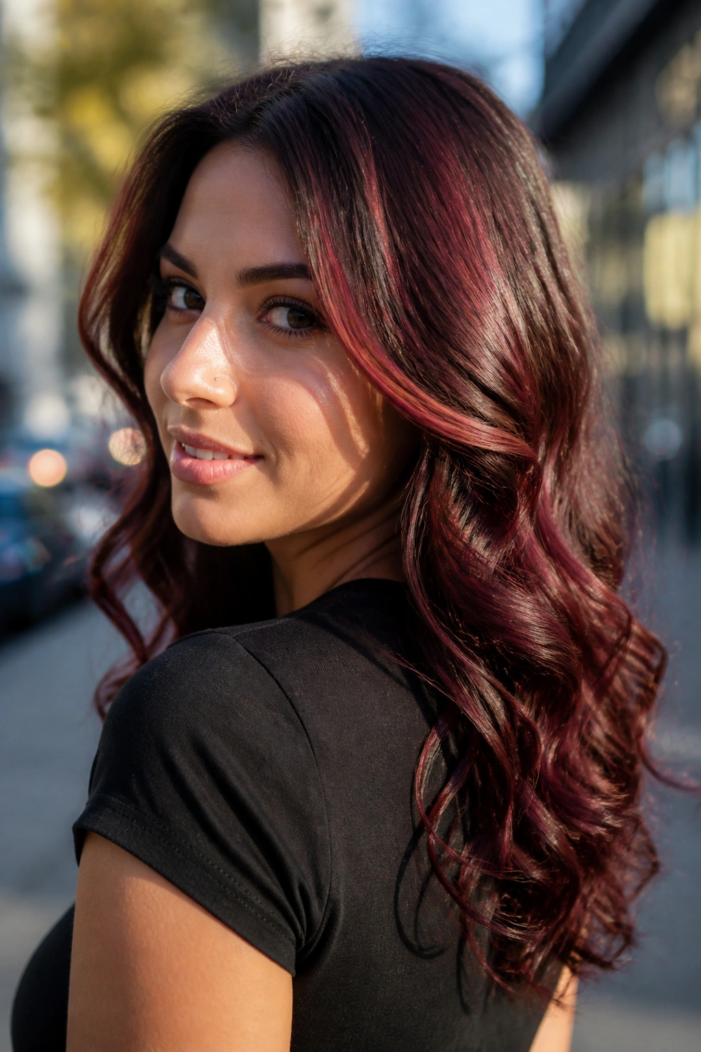 Brown hair with deep sangria balayage and soft curls