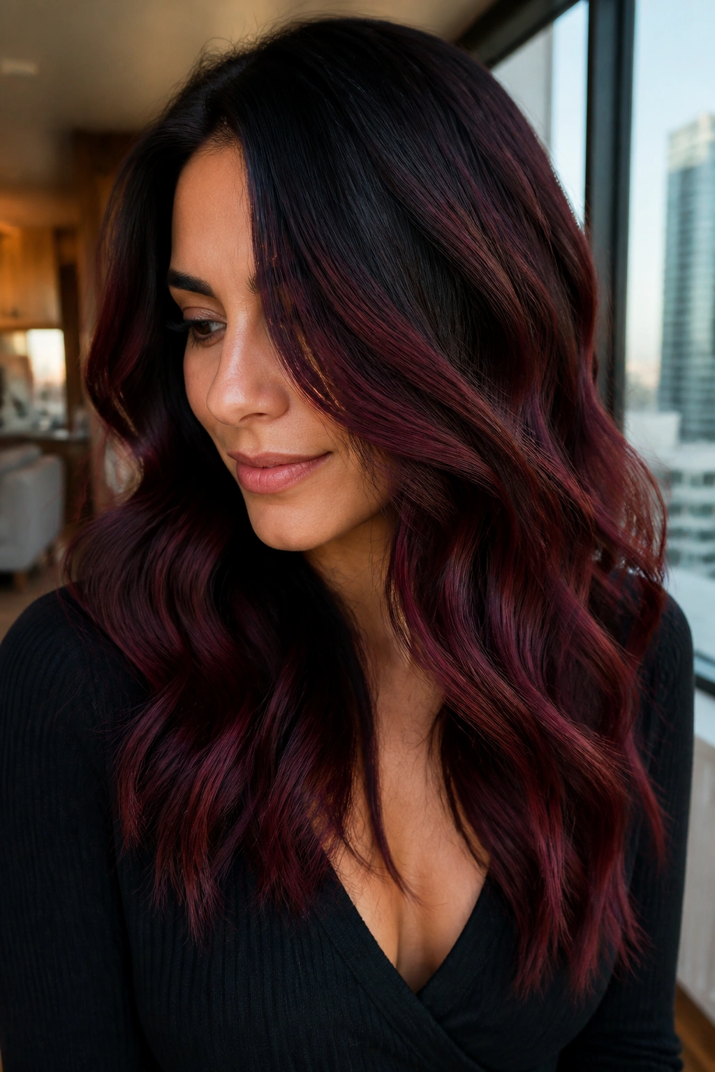 Close-up of deep brunette with sangria balayage in waves under natural light