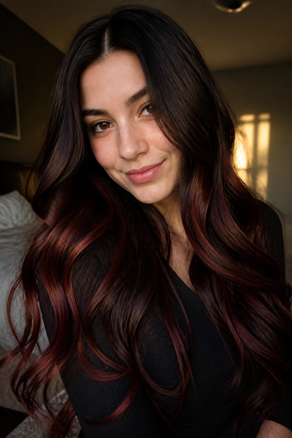 Real woman with sangria brown blend long hair in warm bedroom light