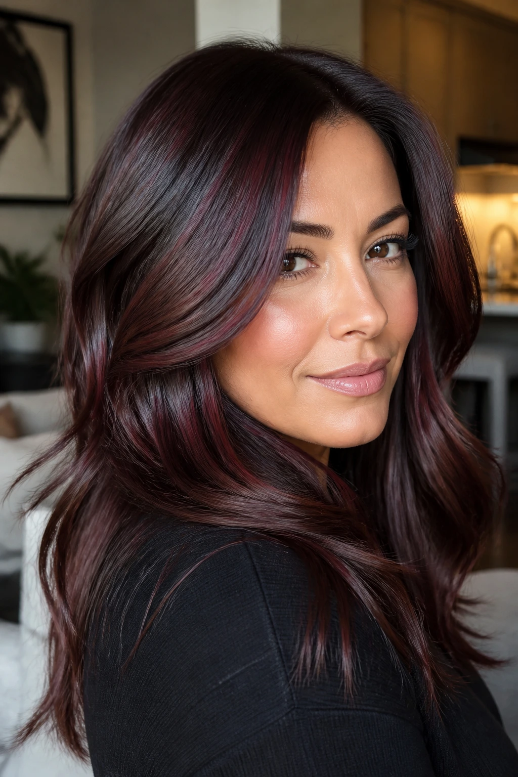 Close-up portrait of a real woman with layered brunette hair in glossy sangria tones and shine.