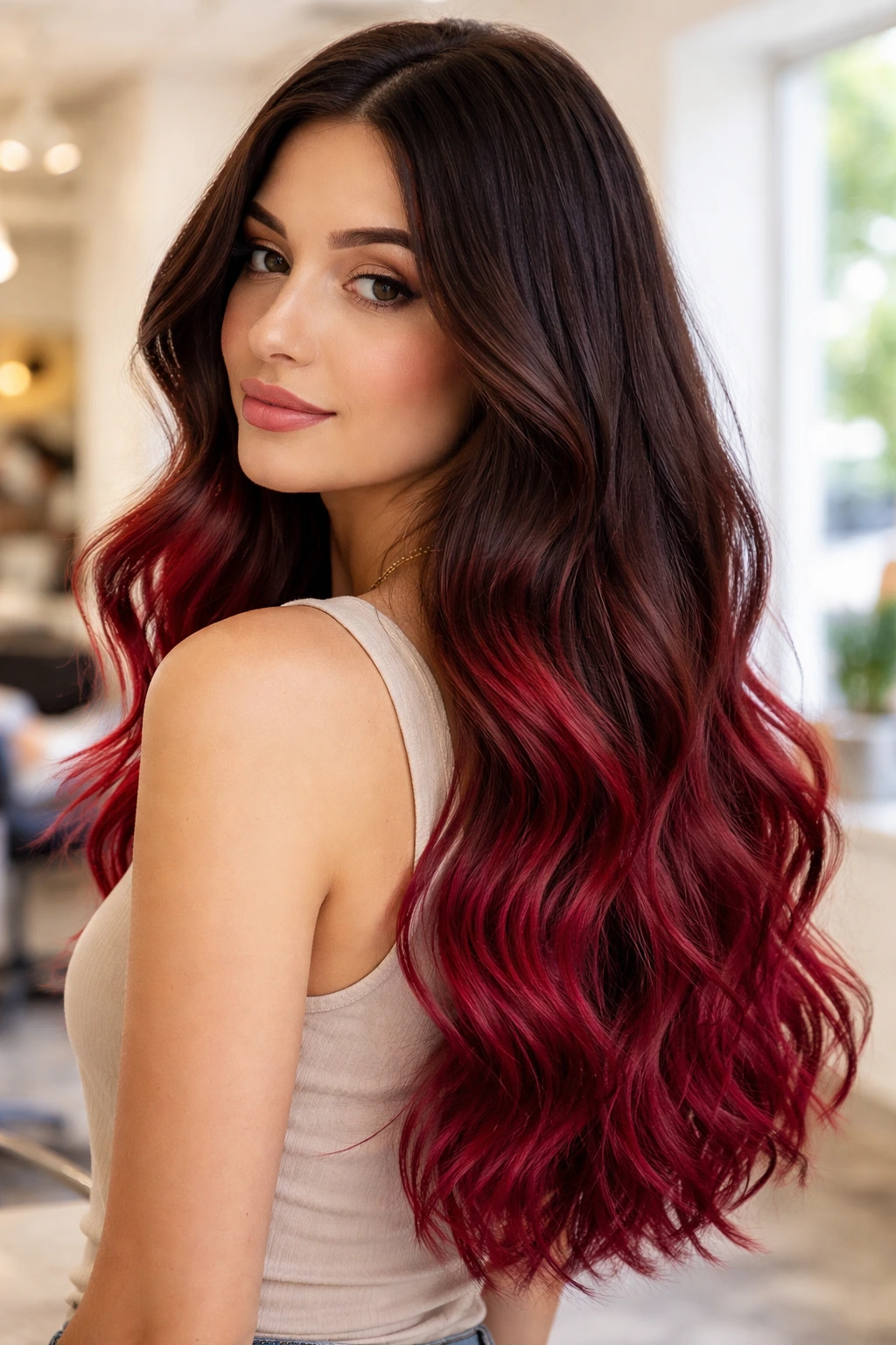 Close-up of a real woman with sangria dip-dye on the hair ends