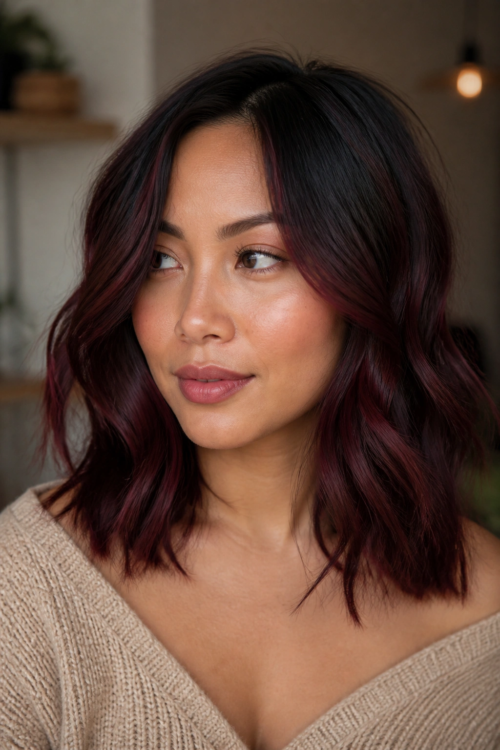 Close-up of shoulder-length waves in sangria red on a real woman