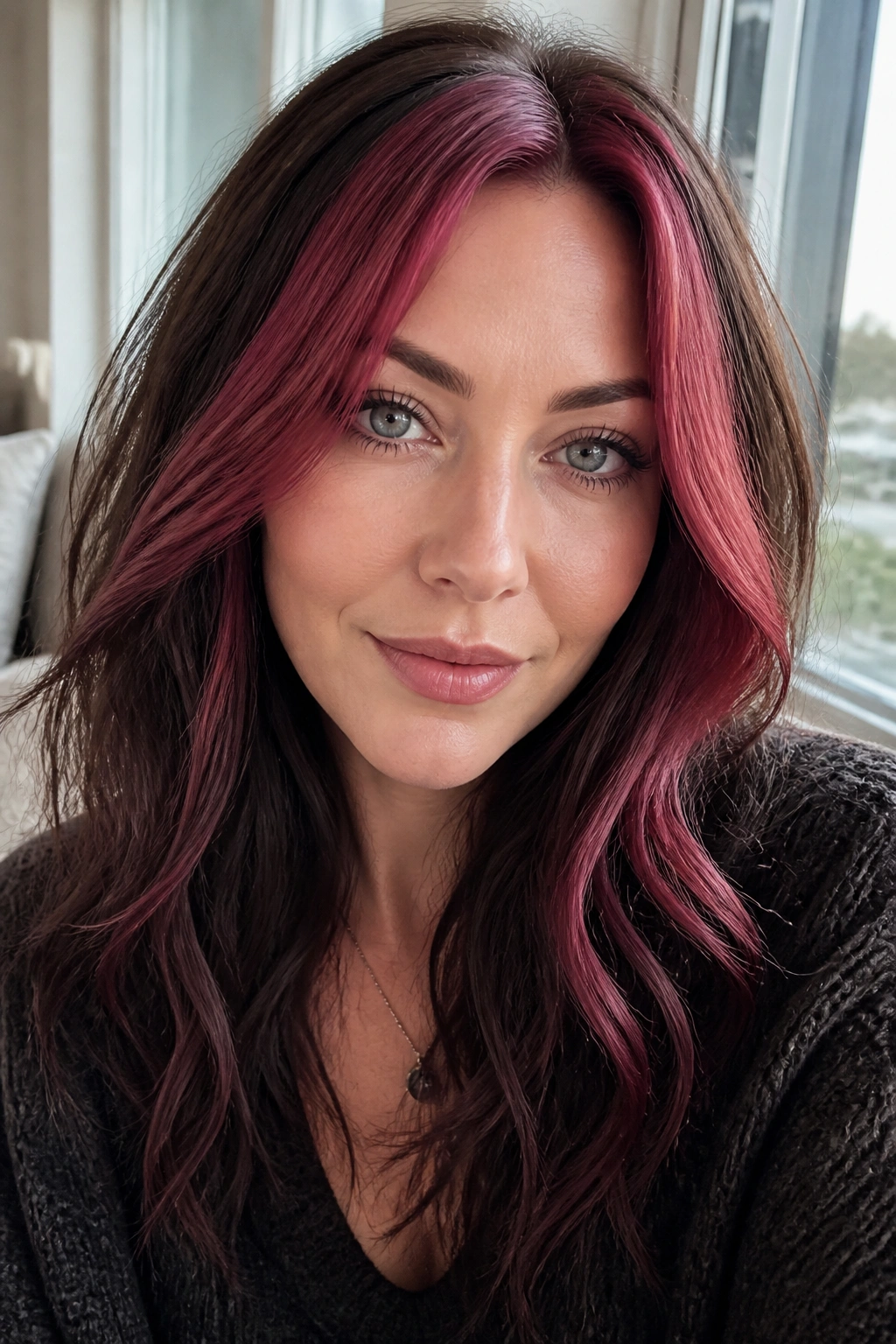 Close-up of real woman with sangria pink face-framing hair against cool skin in window light