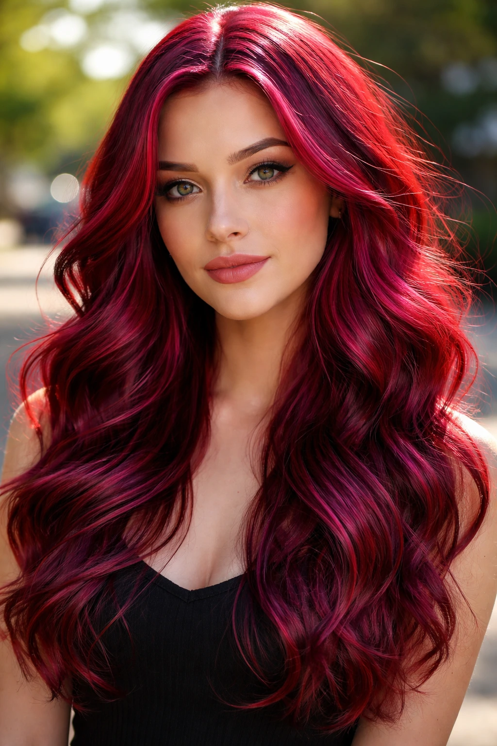 Portrait of sangria red hair in bright sun, vibrant red-pink-purple tones.
