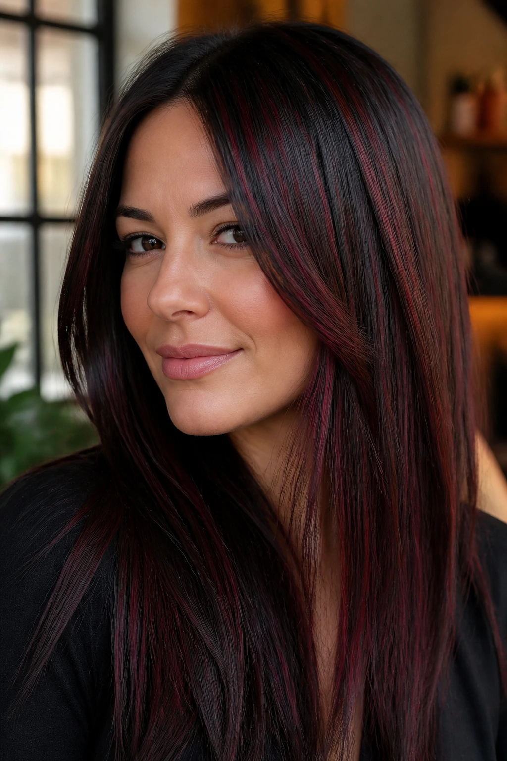 Close-up of brunette hair with sangria streaks