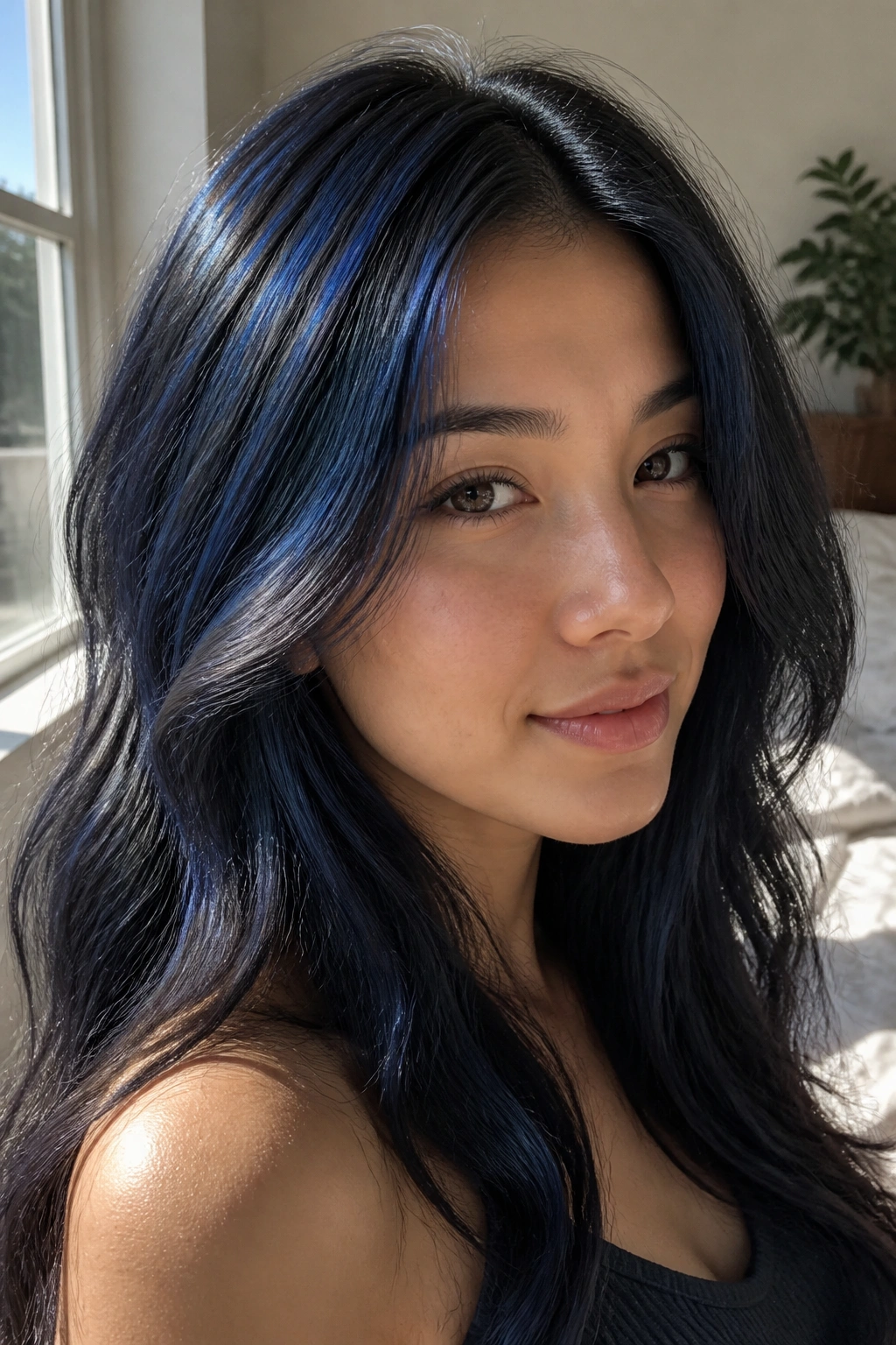 Close-up of a real woman showing fine sapphire babylights on the top layer.