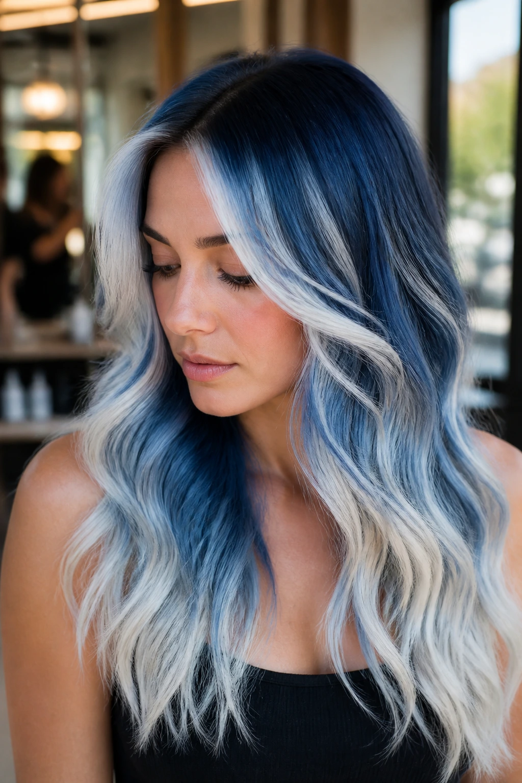 Close-up portrait of a real woman with sapphire and snow balayage on long hair with face-framing lighter blue and white ends.