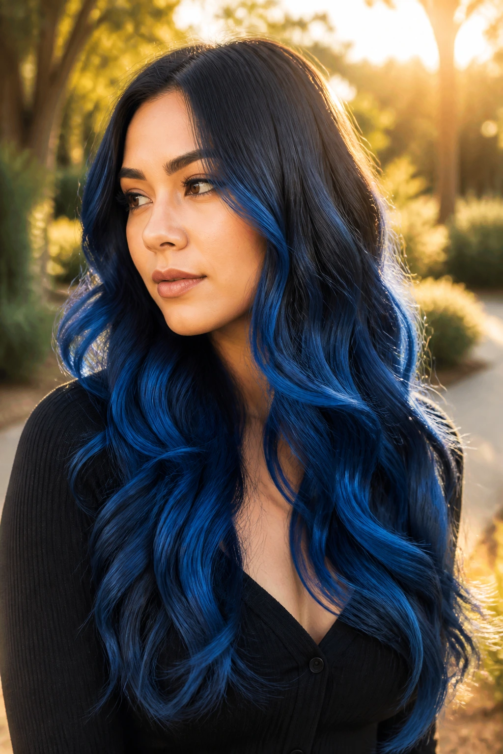 Portrait of a woman with sapphire balayage highlights on long soft waves.