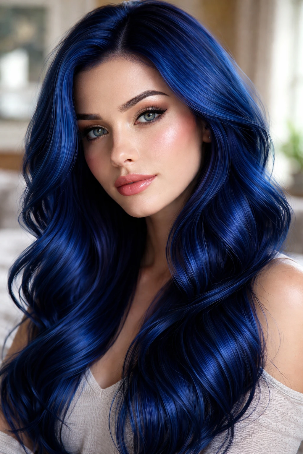 Close-up of a real person with vibrant sapphire blue hair in natural window light.