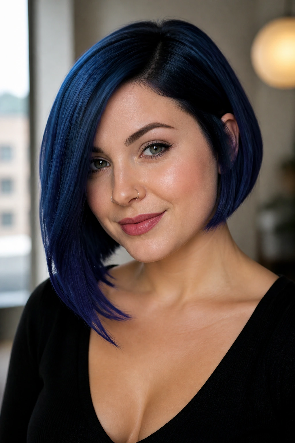 Close-up of a real woman with an asymmetrical sapphire blue bob.