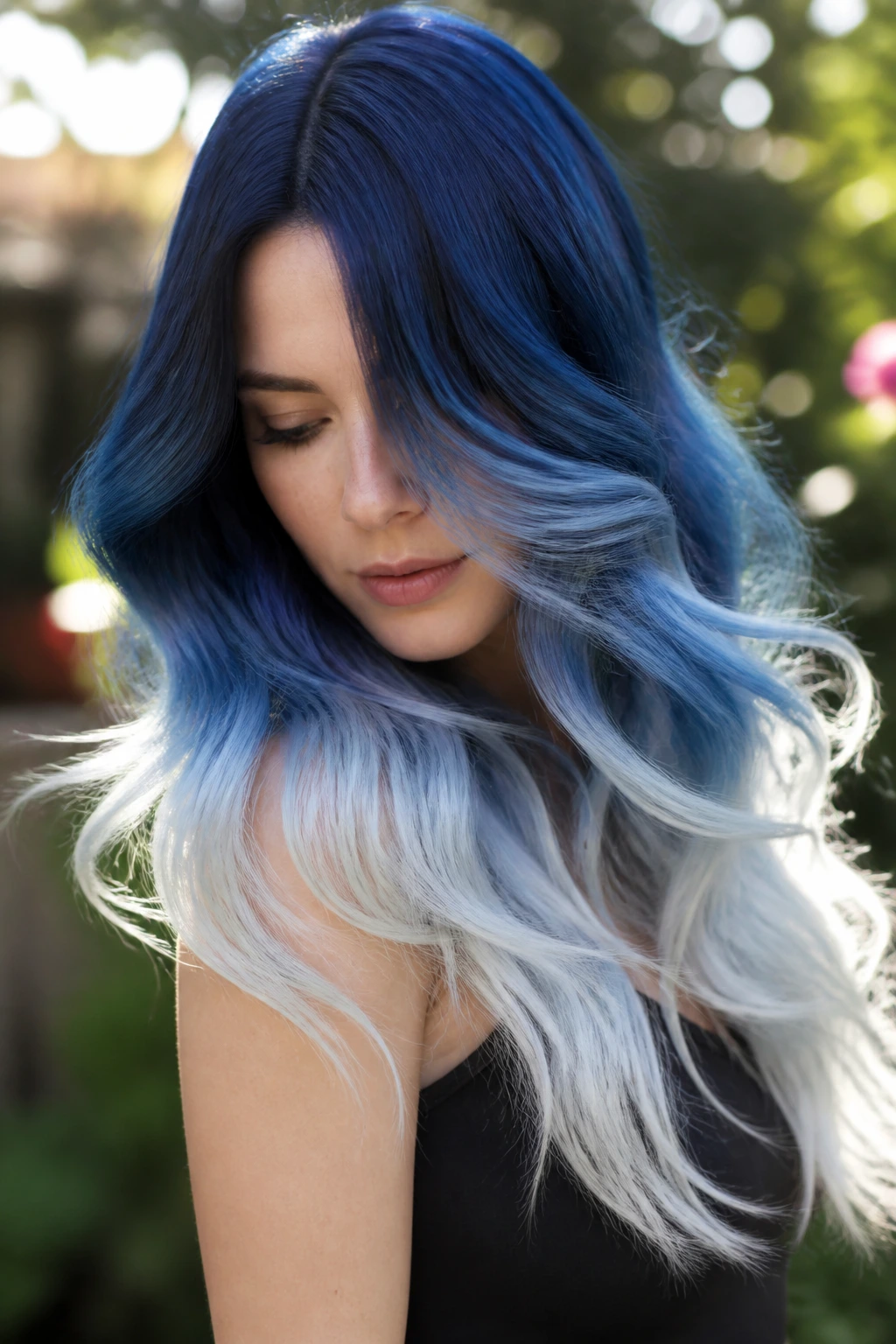 Real woman with sapphire cascade on long loose waves over white ends.