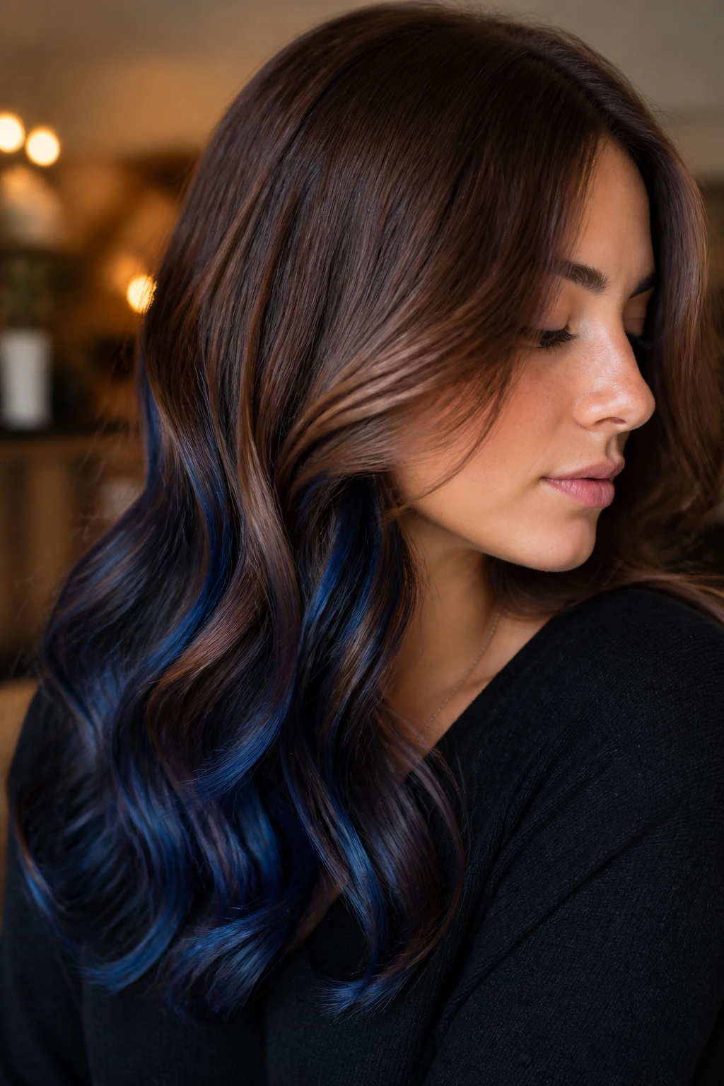 Chestnut waves with sapphire colored ends.
