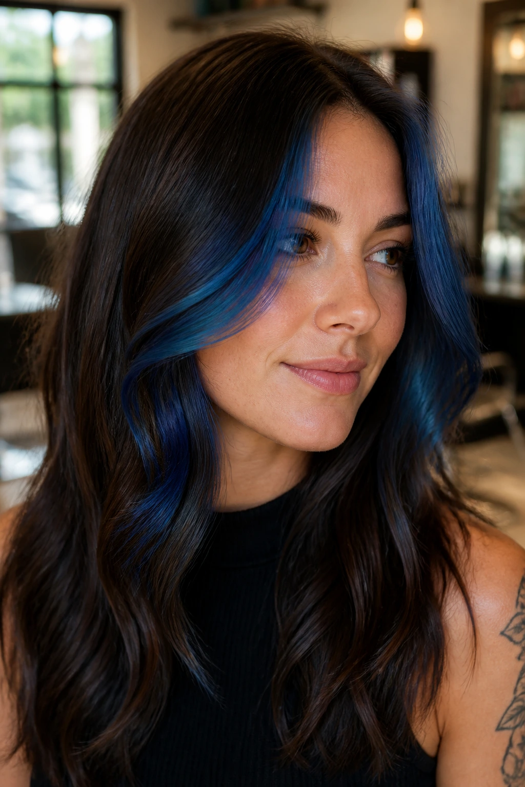 Close-up of a real woman with sapphire face-framing balayage around the face