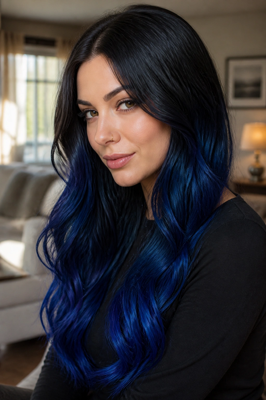 Close-up of a real woman with jet-black roots fading to sapphire blue ends in long waves
