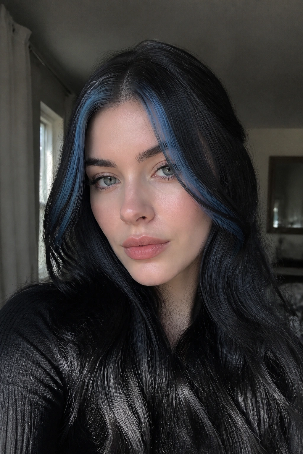 Close-up of sapphire blue face-framing pieces against a dark base on a real person