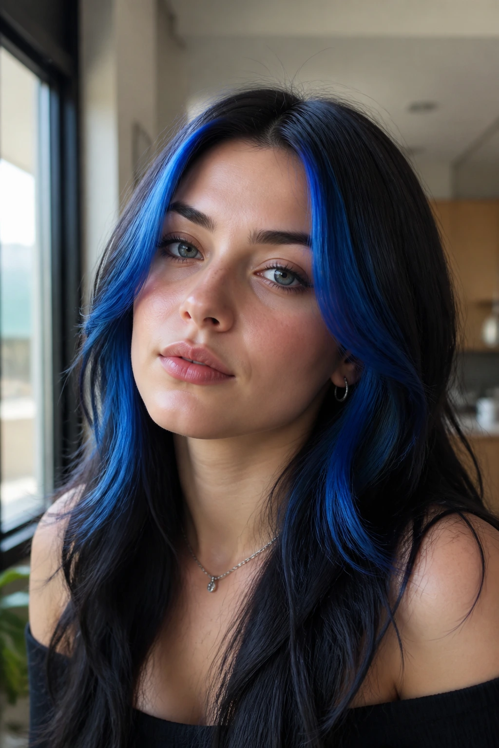 Portrait of a real person with sapphire blue money piece framing the face.