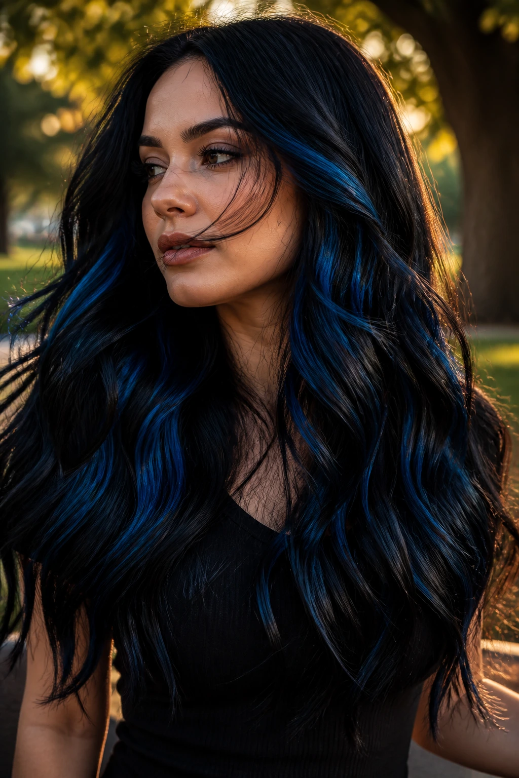 Long hair with sapphire ribbon highlights catching light in a park setting.