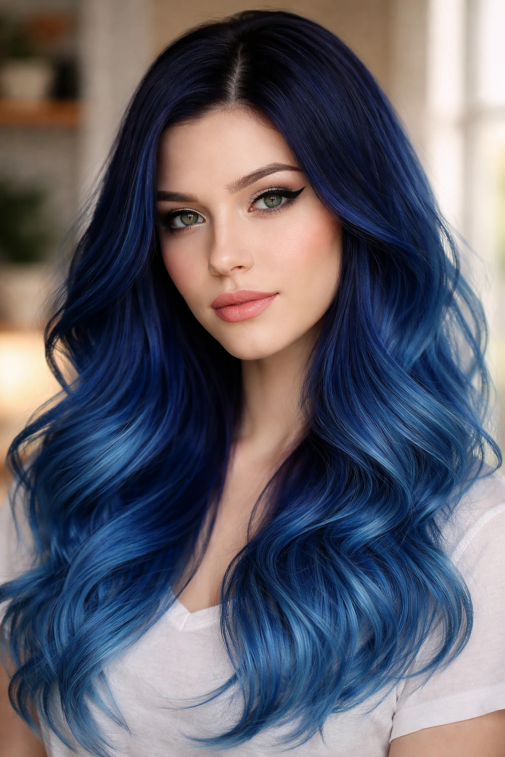 Close-up portrait of a real person with sapphire root melt hair