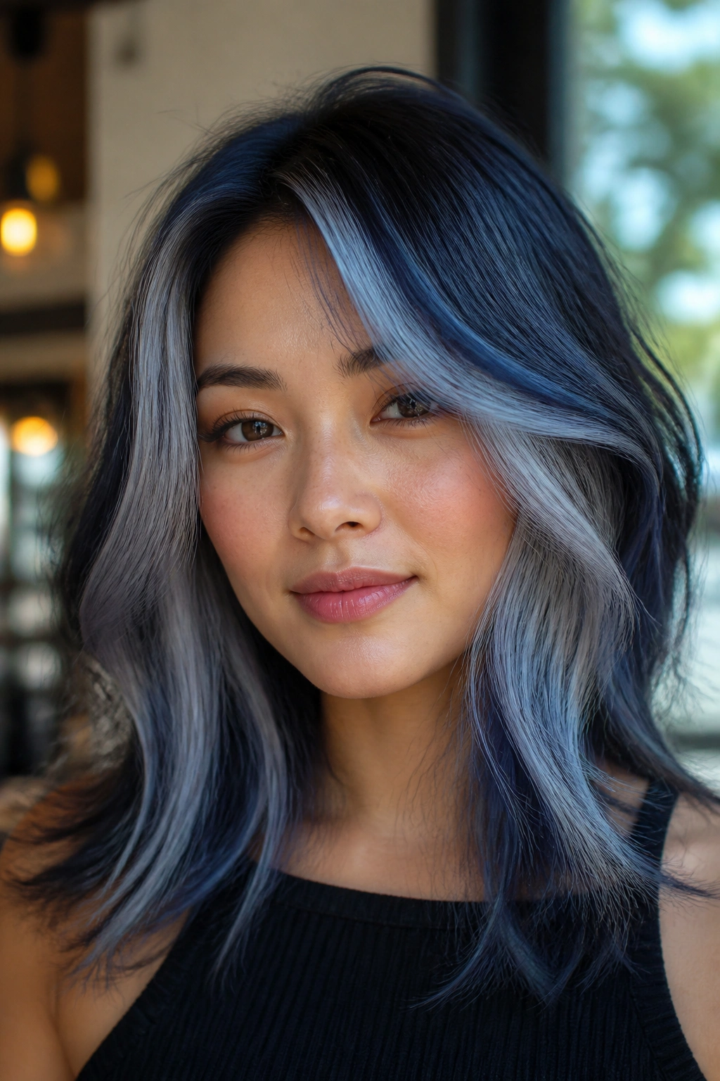 Hair halo of sapphire and silver around the head with thin front pieces.
