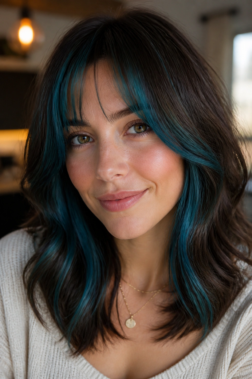 Close-up portrait of a real woman with sapphire-teal face frame and brunette hair under warm window light