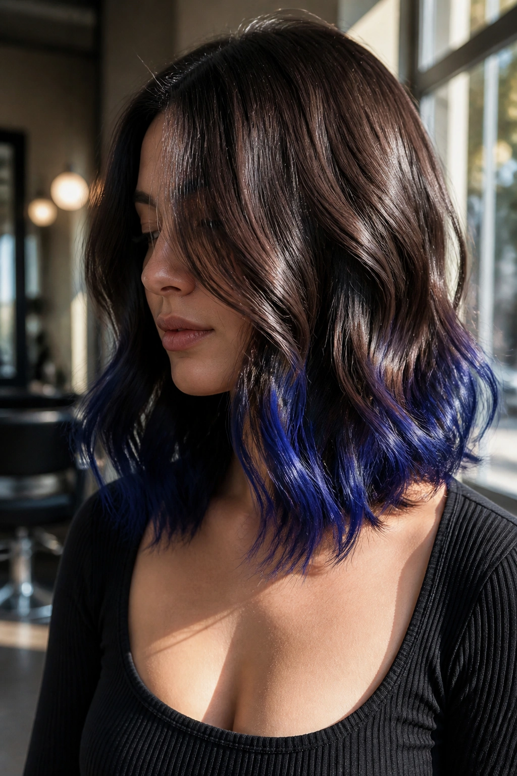Close-up of brunette with sapphire blue tips on a wavy lob in sunlit salon