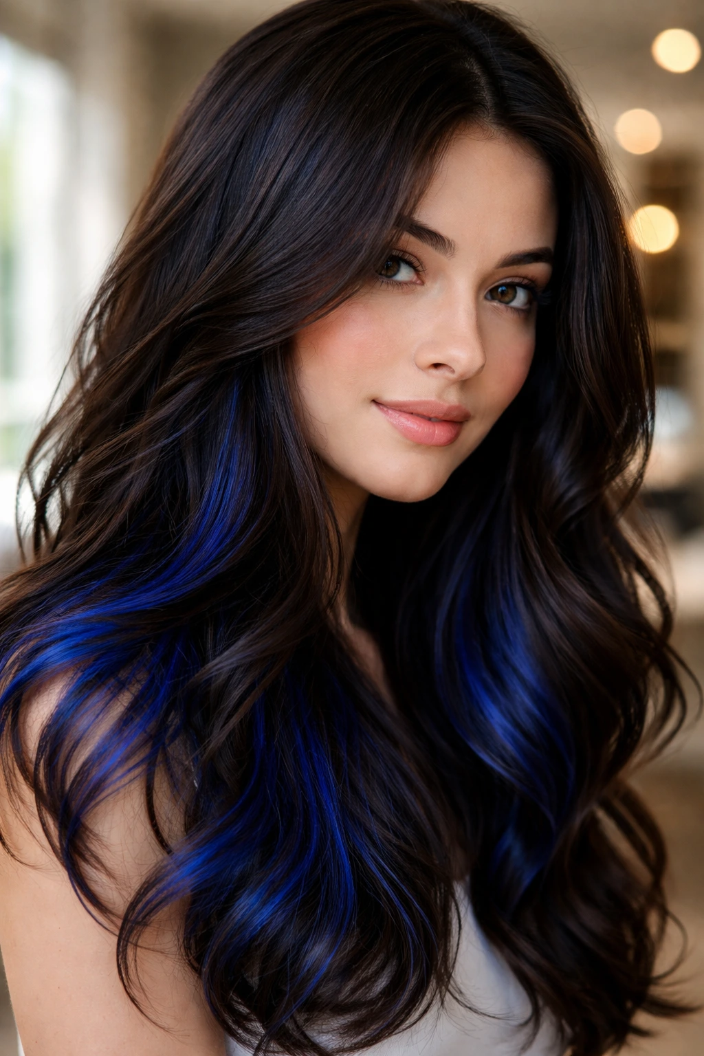 Close-up of a real woman showing sapphire blue underlights peeking through dark brown hair.