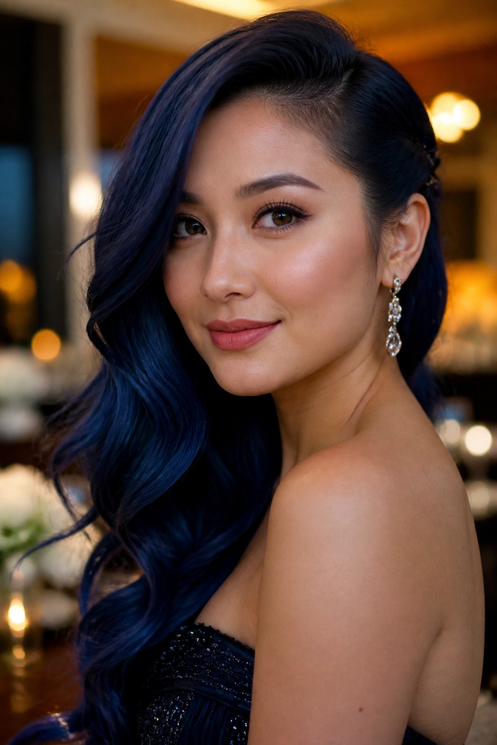 Portrait of person with side-swept sapphire waves