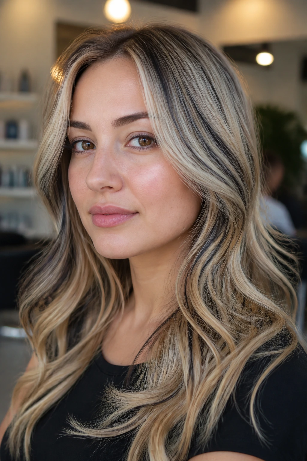 Close-up of blonde hair with satin black highlights in a salon setting