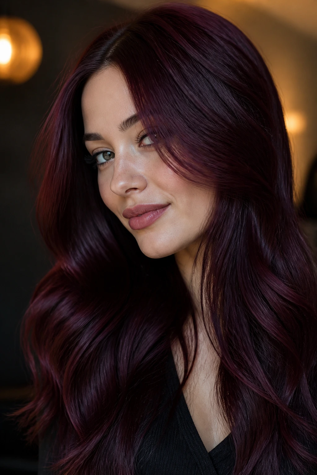 Portrait of a real person with satin burgundy black hair and shine