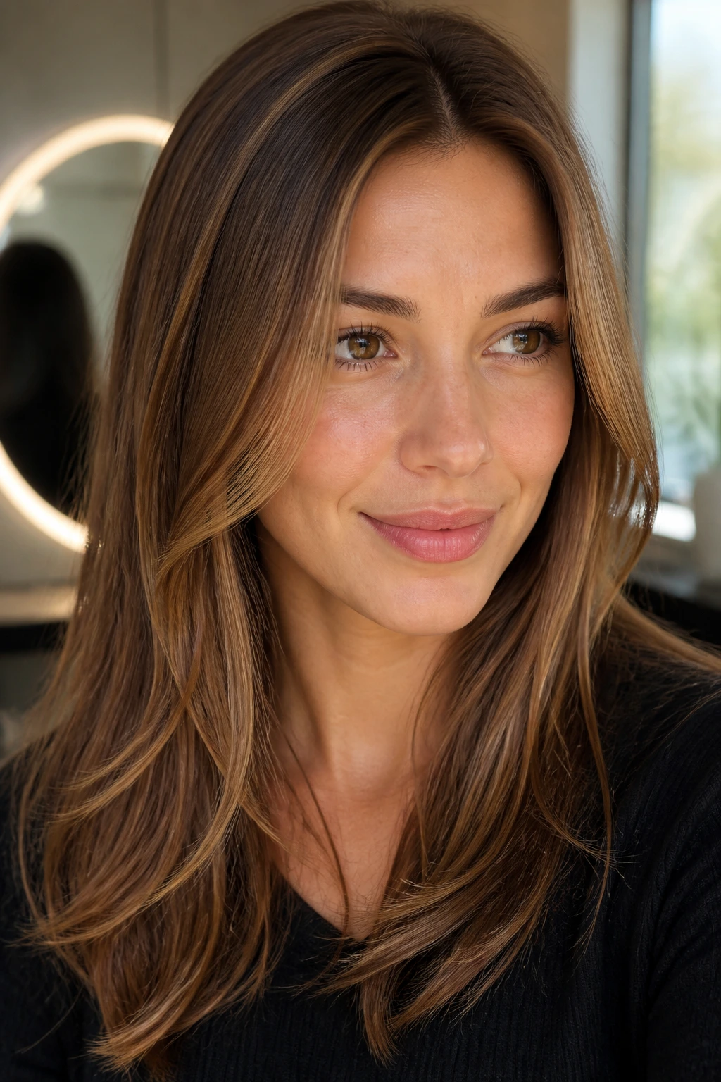 Close up of fine brown hair with satin caramel highlights near the face