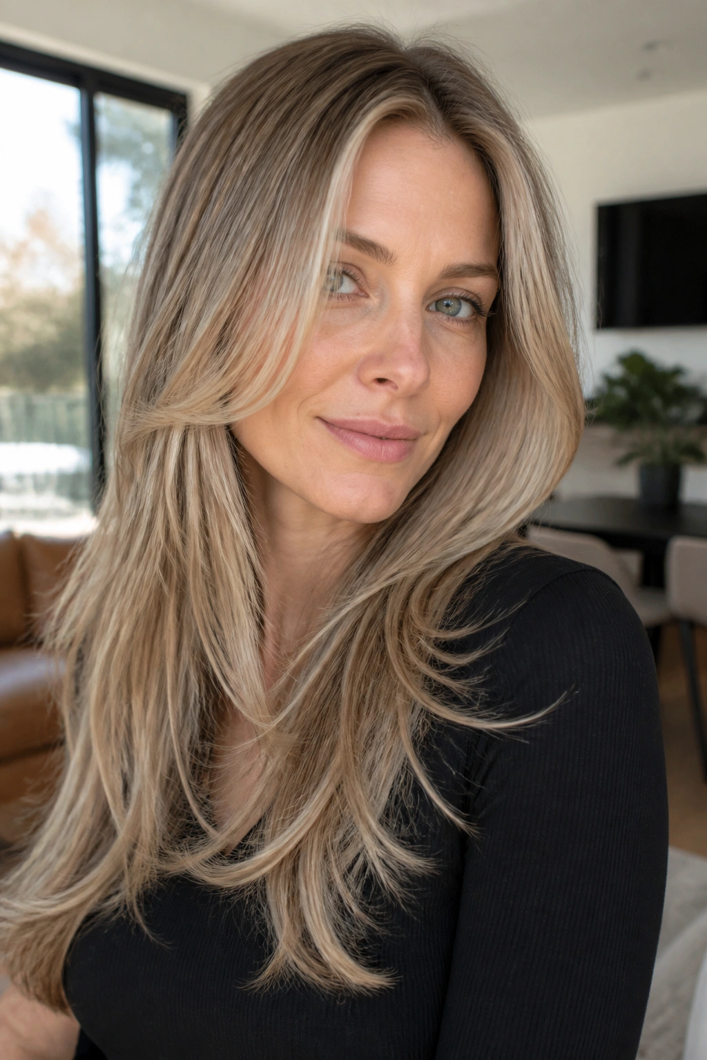 Portrait of a real woman with satin champagne highlights on long layered hair
