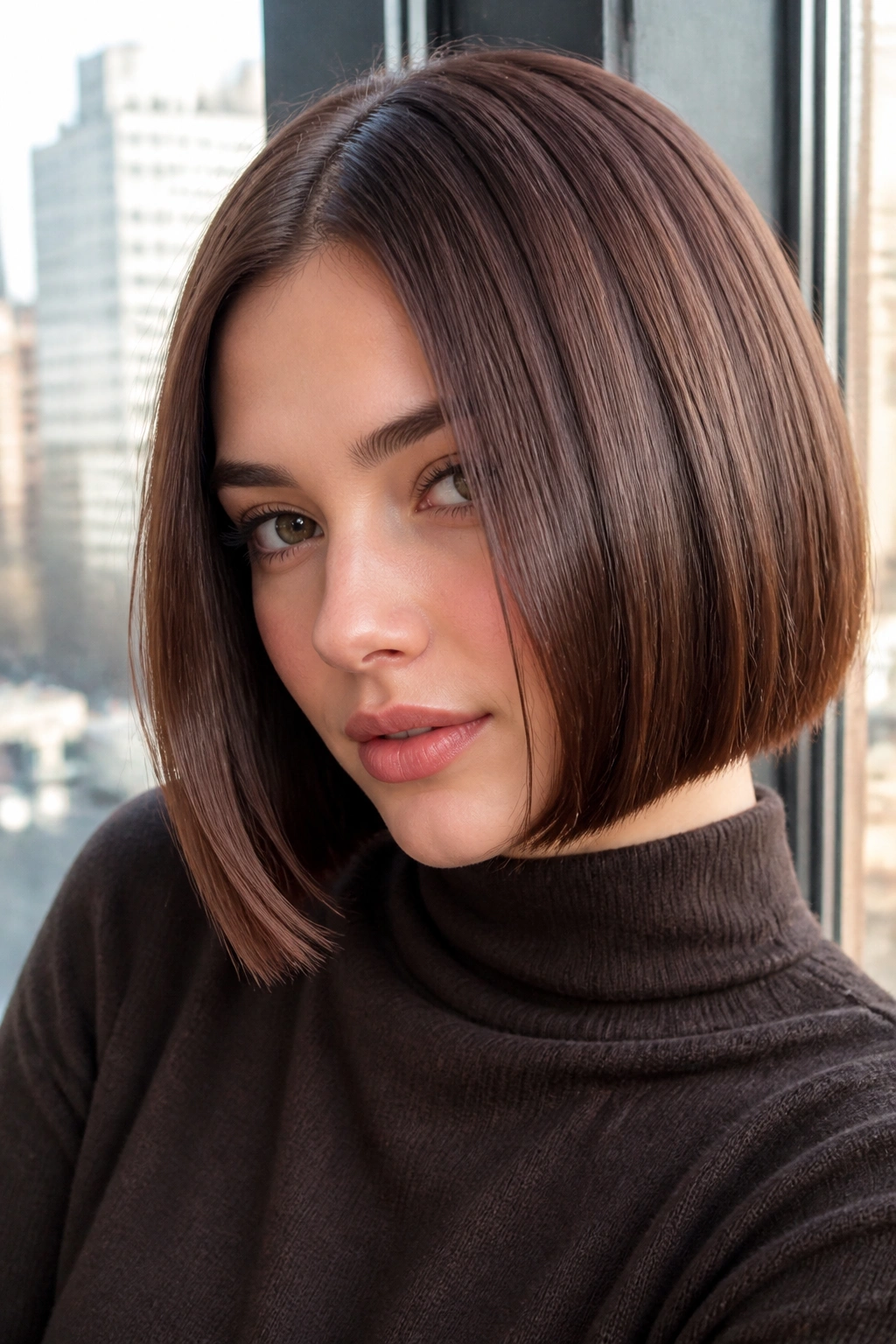 Close-up of a real woman with a satin chestnut bob
