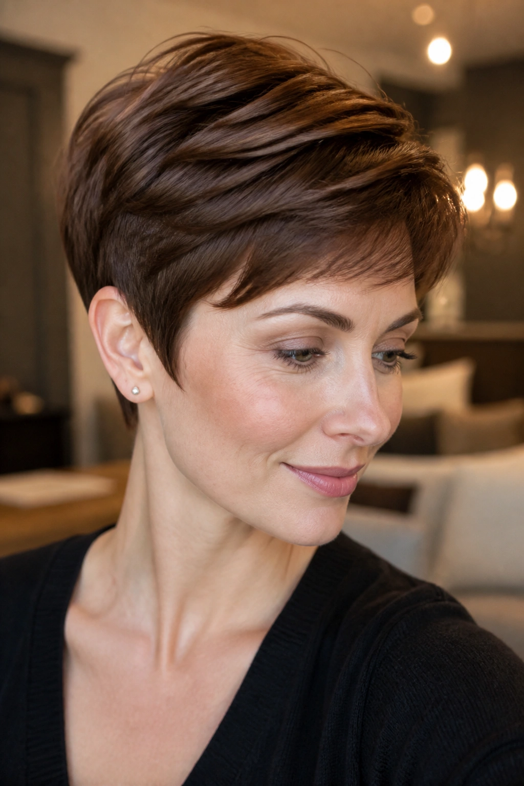 Real person with satin chestnut pixie cut in warm indoor light