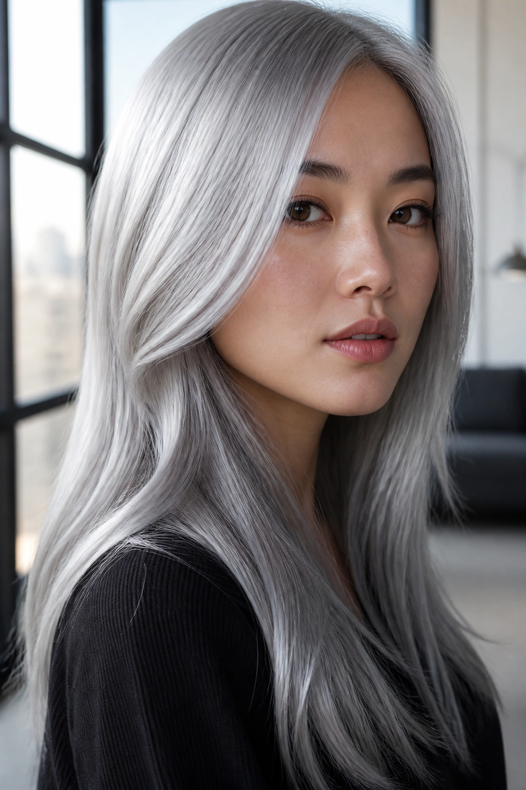 Close-up portrait with glossy satin chrome silver hair.