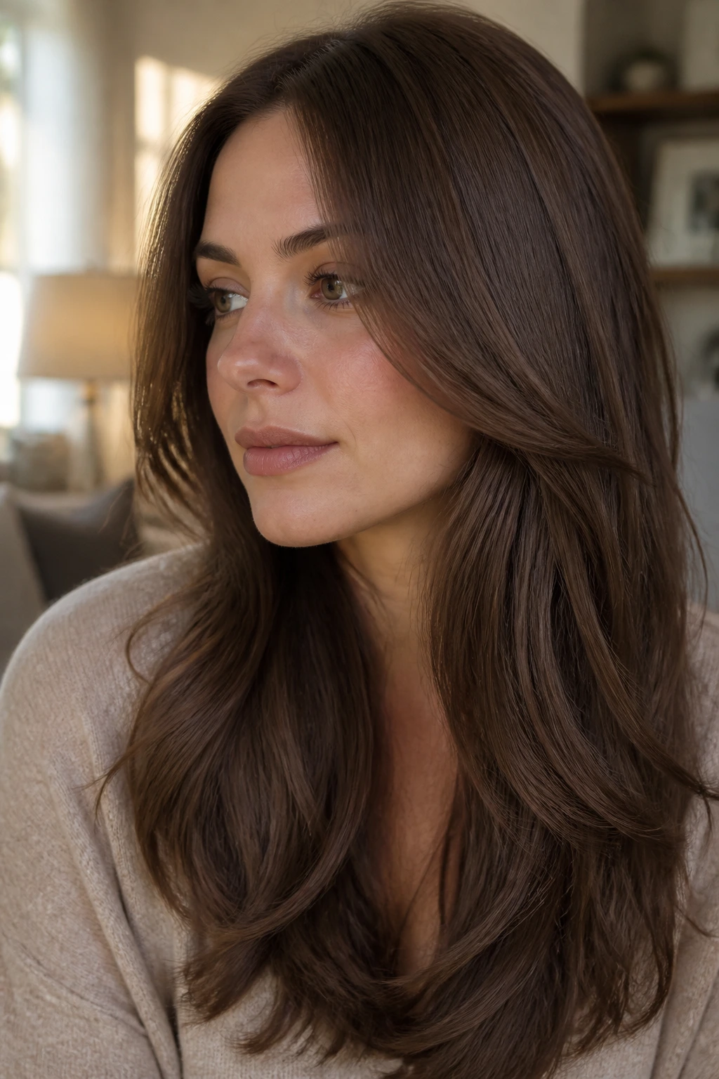 Close-up portrait of a real woman with satin cocoa hair color, glossy cool-brown shade.