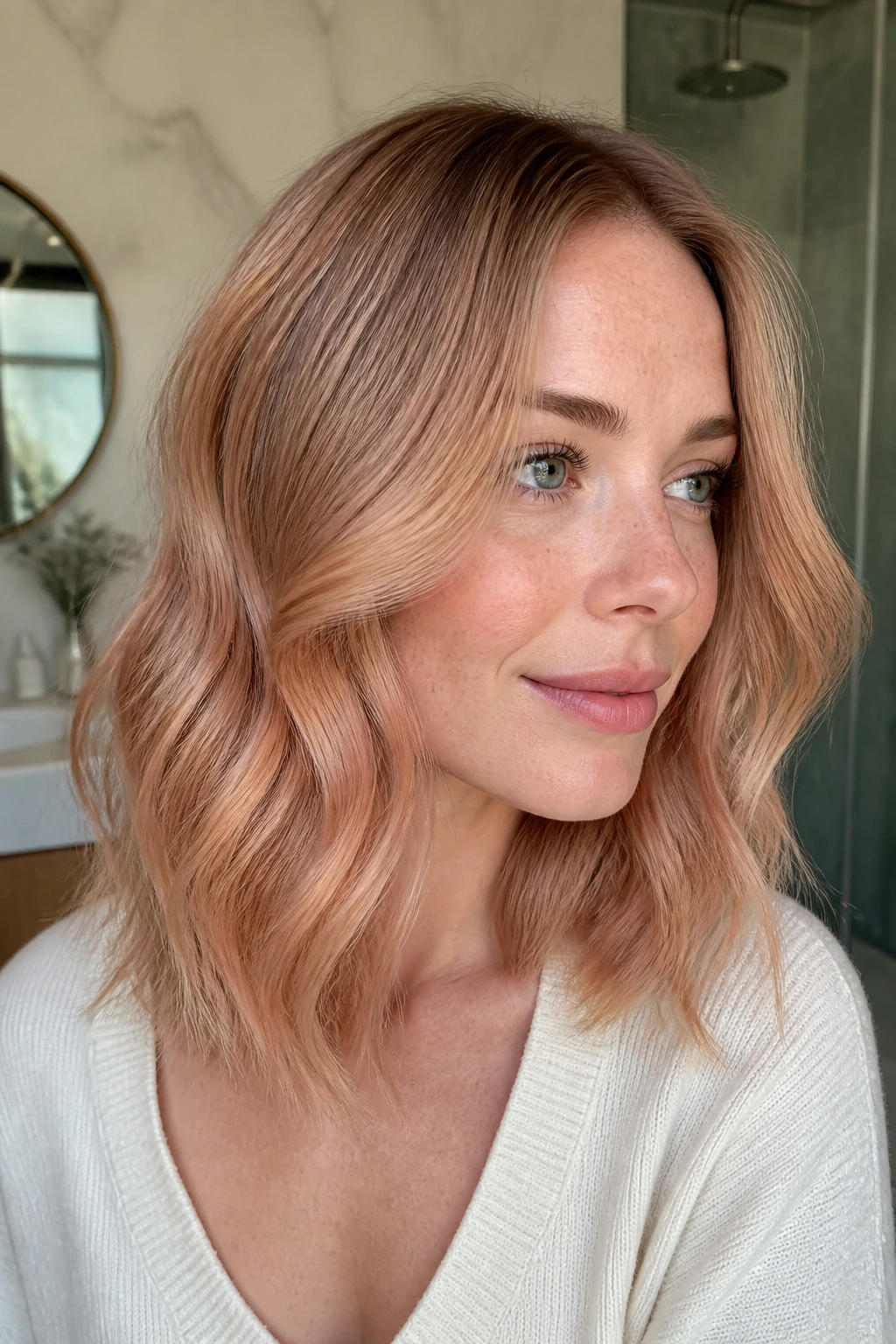 Close-up portrait of a woman with satin copper blonde hair and neutral root shadow