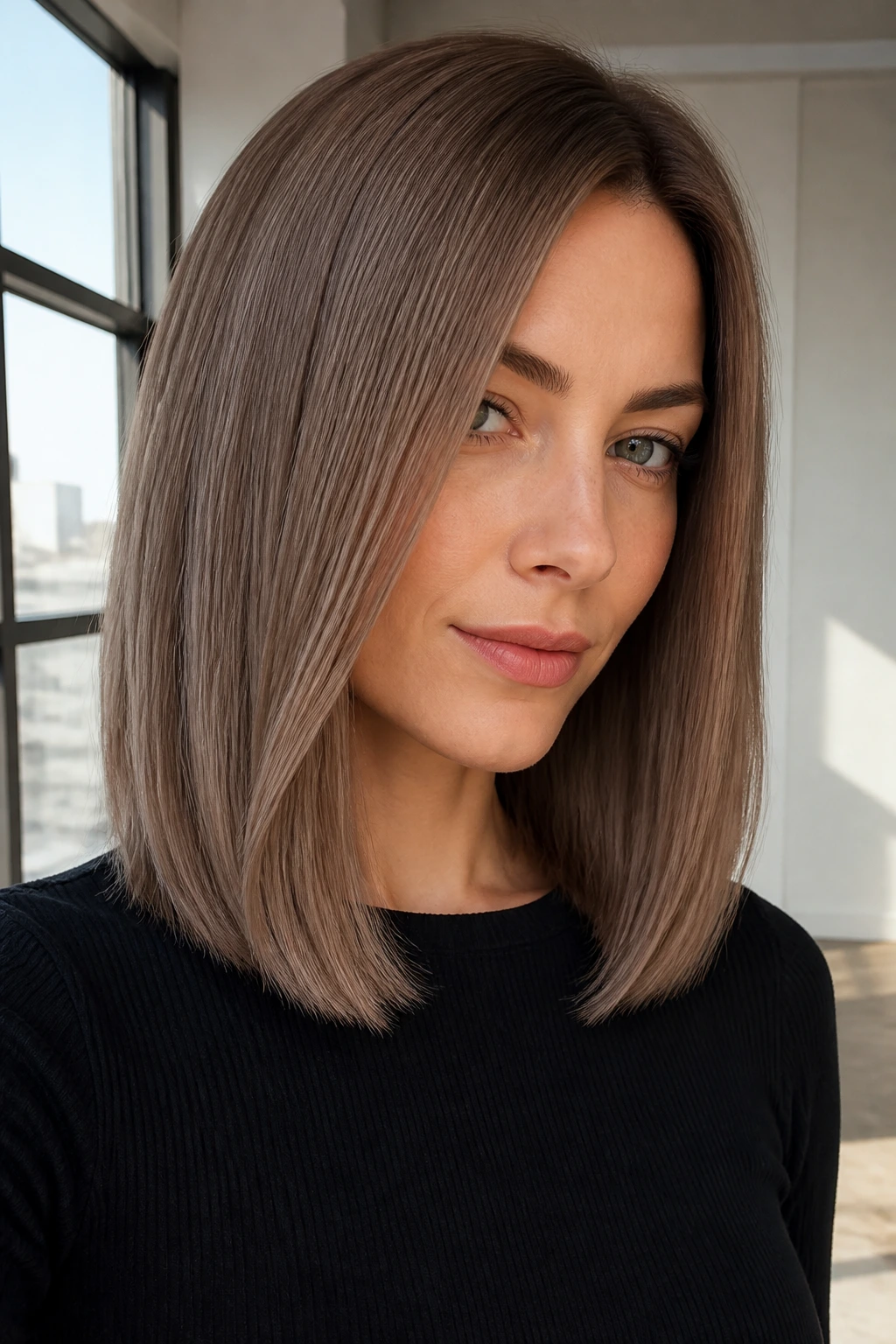 Portrait of a real woman with satin hazelnut straight lob and glossy finish