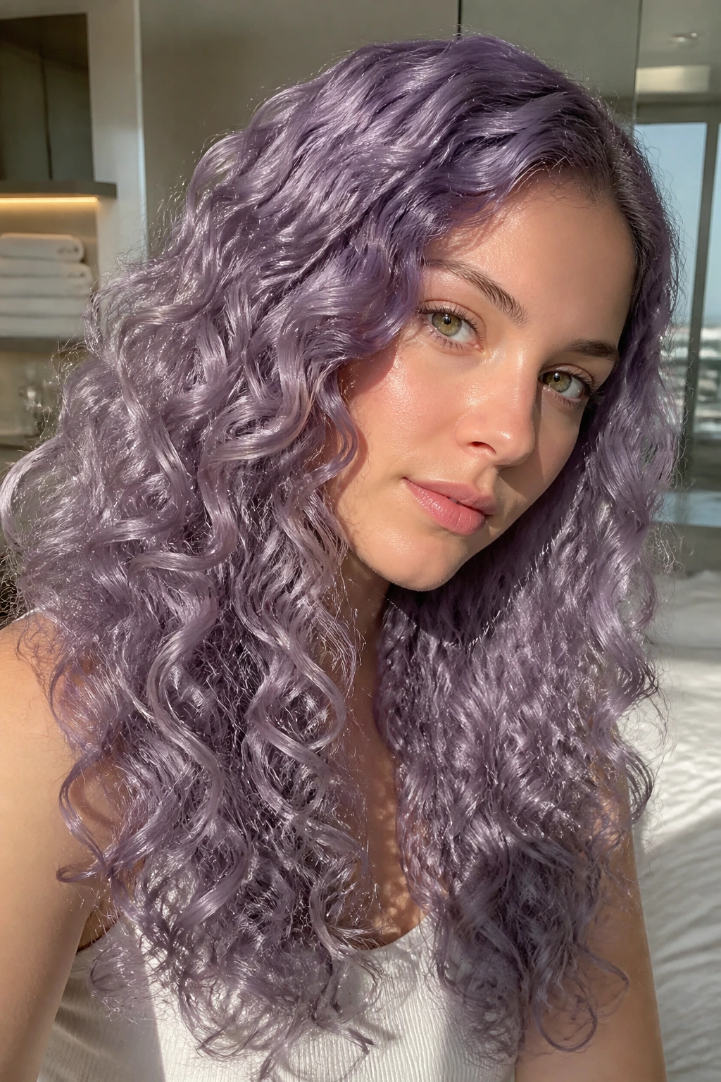 Close-up of a woman with satin lavender curls and glossy shine