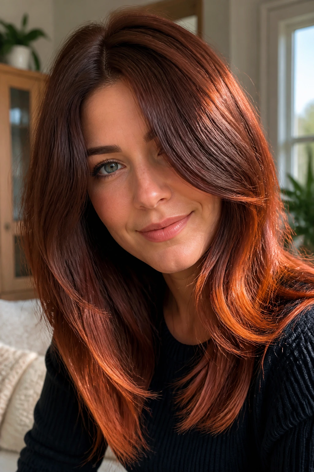 Close-up of satin mahogany hair with apricot-edged ends on a real person