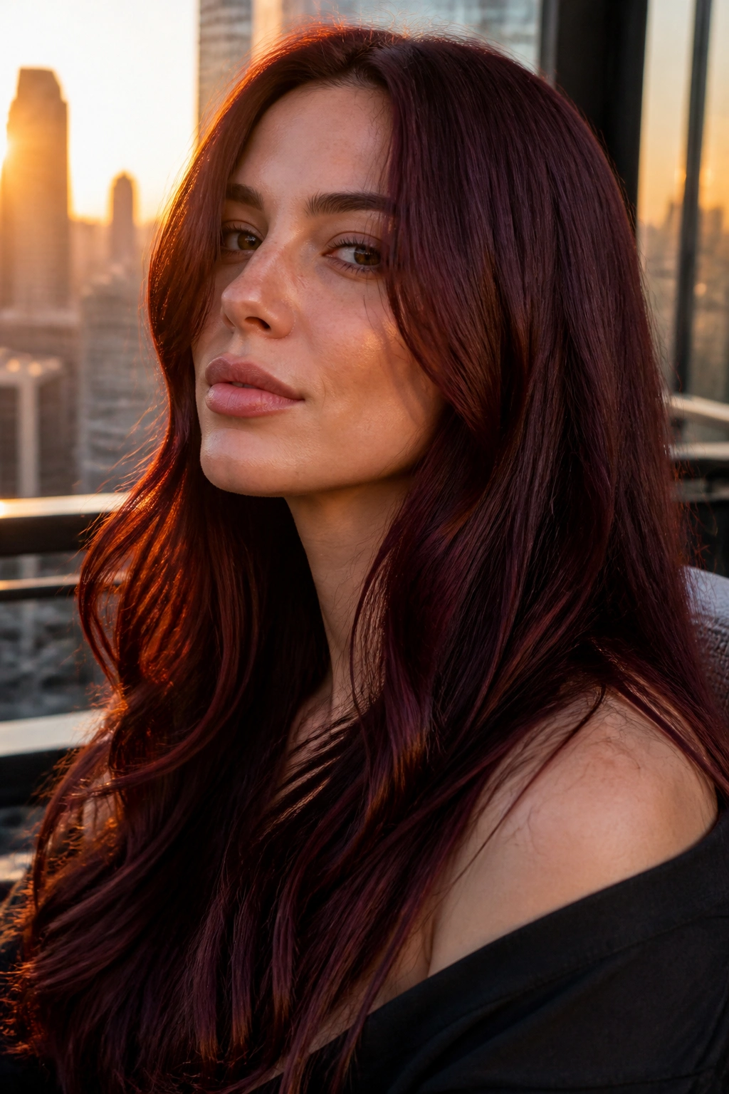 Close-up of a real woman with satin mahogany auburn hair in warm golden hour light.