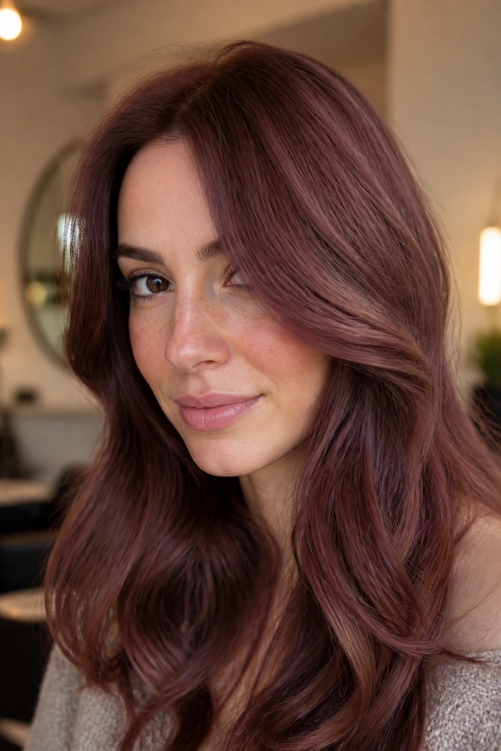 Close-up of a woman with satin mahogany hair balanced by beige tones