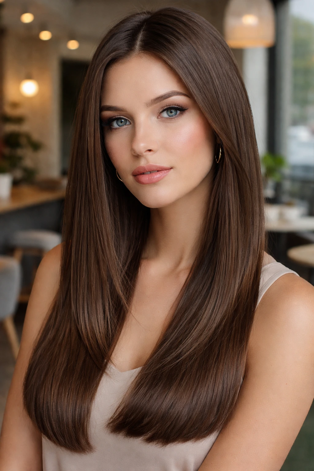 Portrait of a woman with straight satin mocha hair and cool ash base.