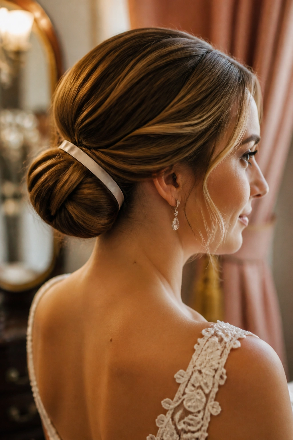 Satin ribbon woven through a classic chignon on a real bride