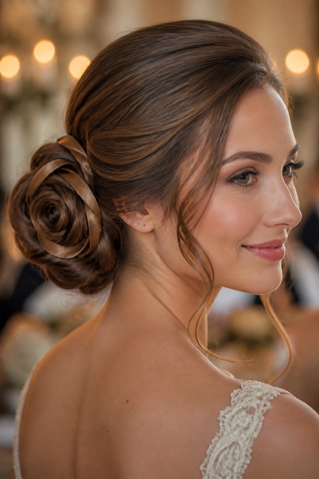 Portrait of a woman wearing satin ribbon rose hairstyle at a wedding