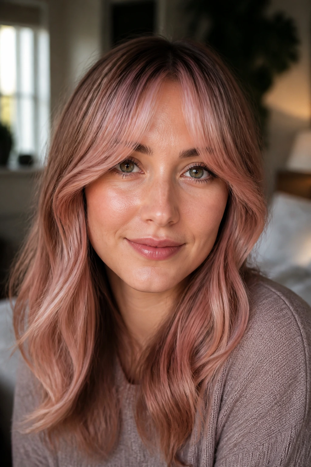 Curtain bangs in satin rose gold framing the face on a real person