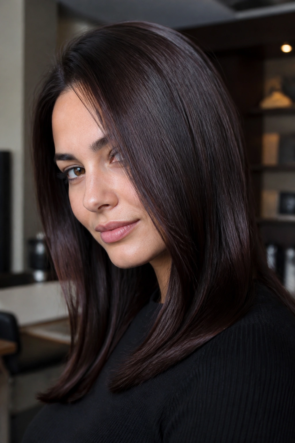 Close-up of satin sable mahogany hair on a real person with glossy finish.