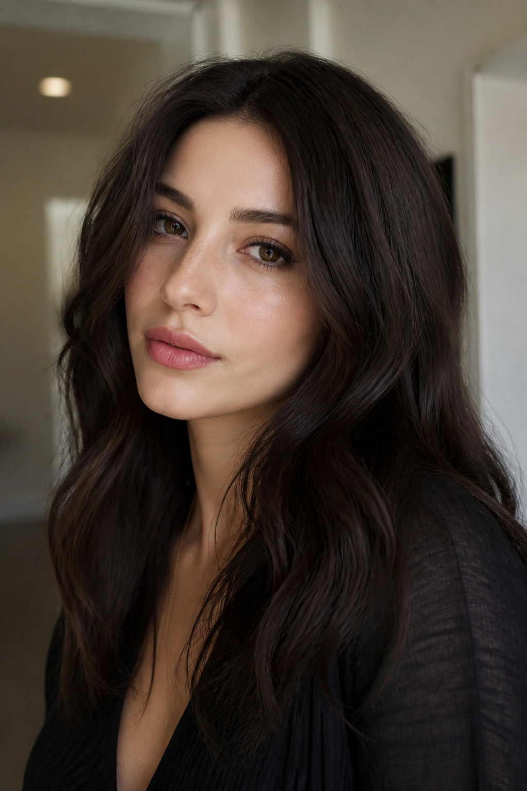 Close-up portrait of a real person with satin sable hair in soft light