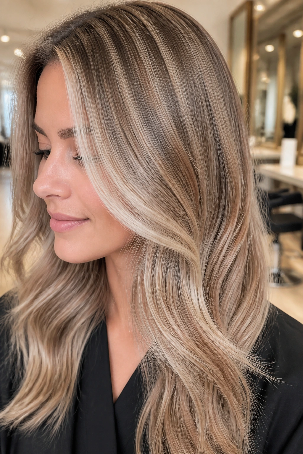 Close-up of a real person with satin sand ribbon highlights in a bright salon light