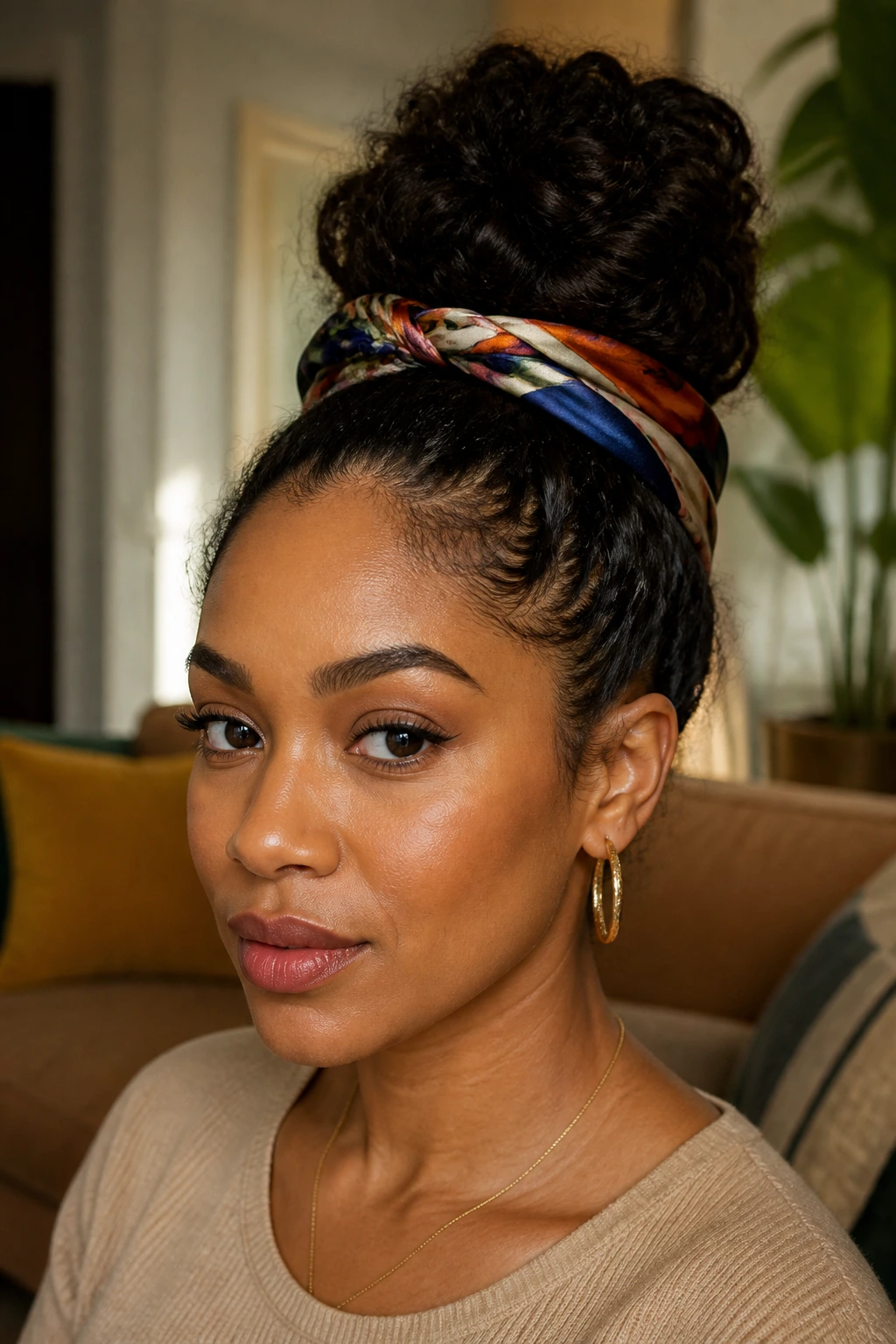 Close-up of a real woman with a satin scarf wrapped bun.